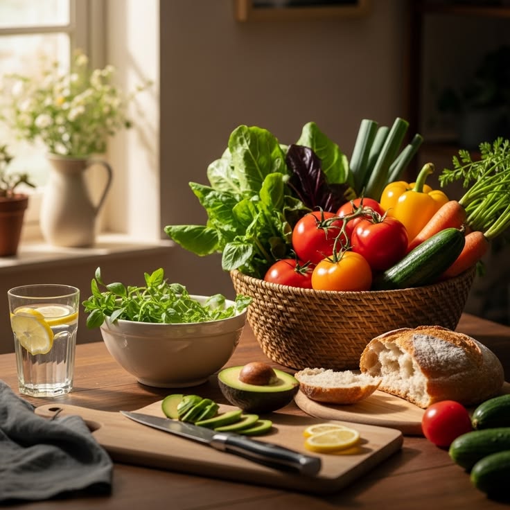 Fresh vegetables and whole grains arranged on a wooden table representing balanced nutrition