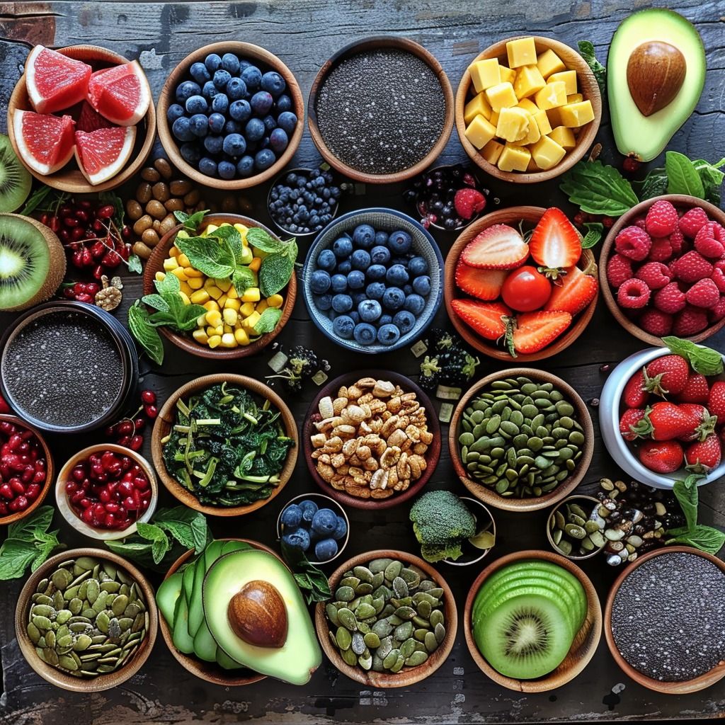 Colorful assortment of nutrient-rich foods including leafy greens, berries, and whole grains